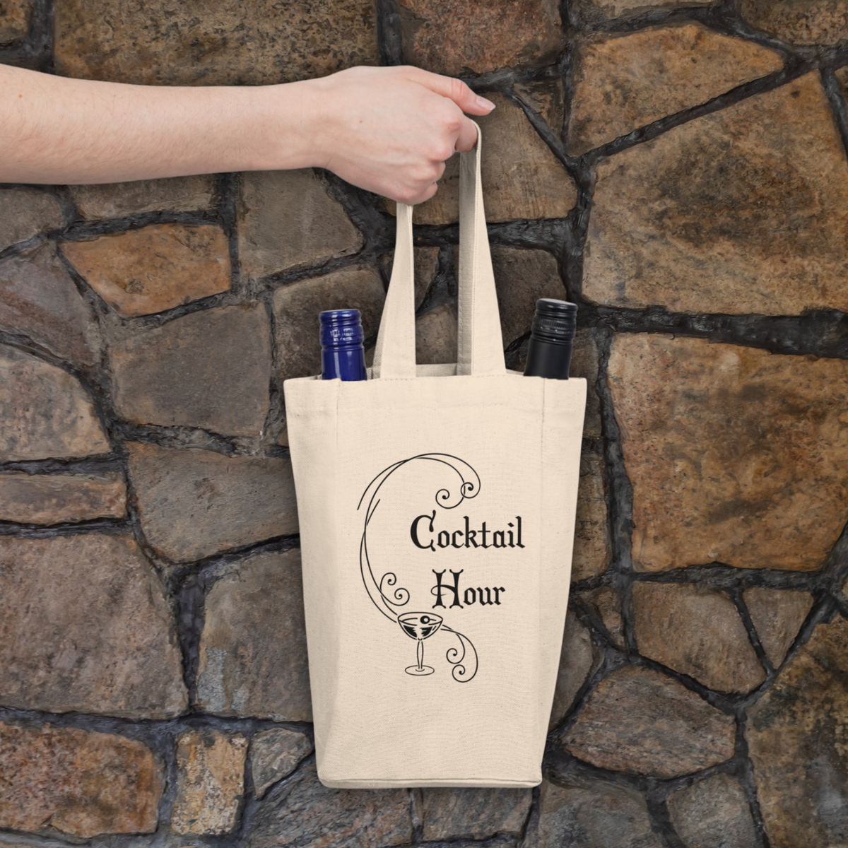 Cocktail Hour Canvas Wine Tote Bag Double Bottle Holder Retro Style Print