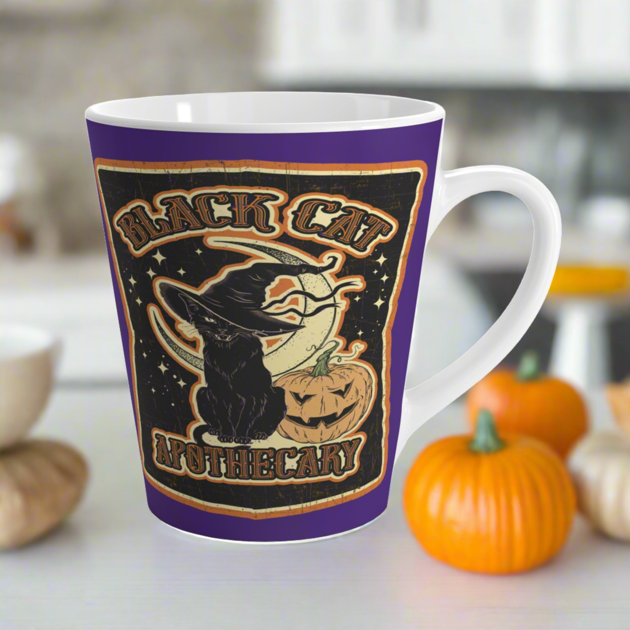 Black Cat Apothecary Distressed Style Halloween Print Latte Mug