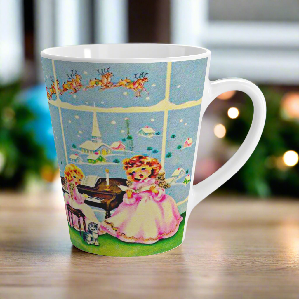 Little Angels Singing At Piano With Santa Reindeer And Church Vintage Retro Christmas Print Latte Coffee Mug