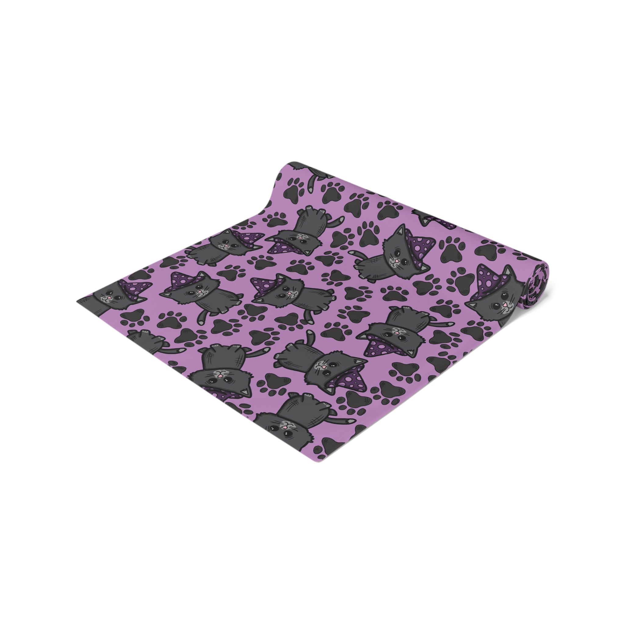 Witchy Kitties Cute Halloween Print Fall Autumn Decor Purple Cotton Poly Table Runner