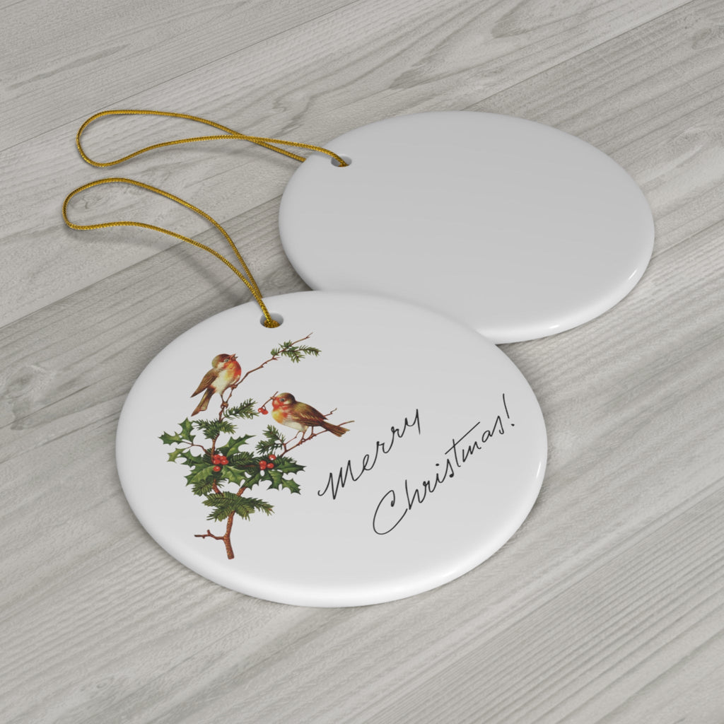 Merry Christmas Birds Mid Century Retro Christmas Print Ceramic Ornament