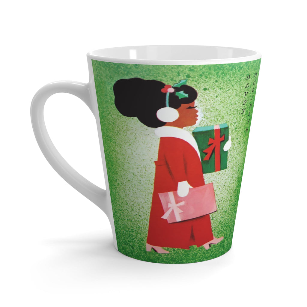Happy Holidays Christmas Lady With Presents Retro Christmas Print Latte Coffee Mug