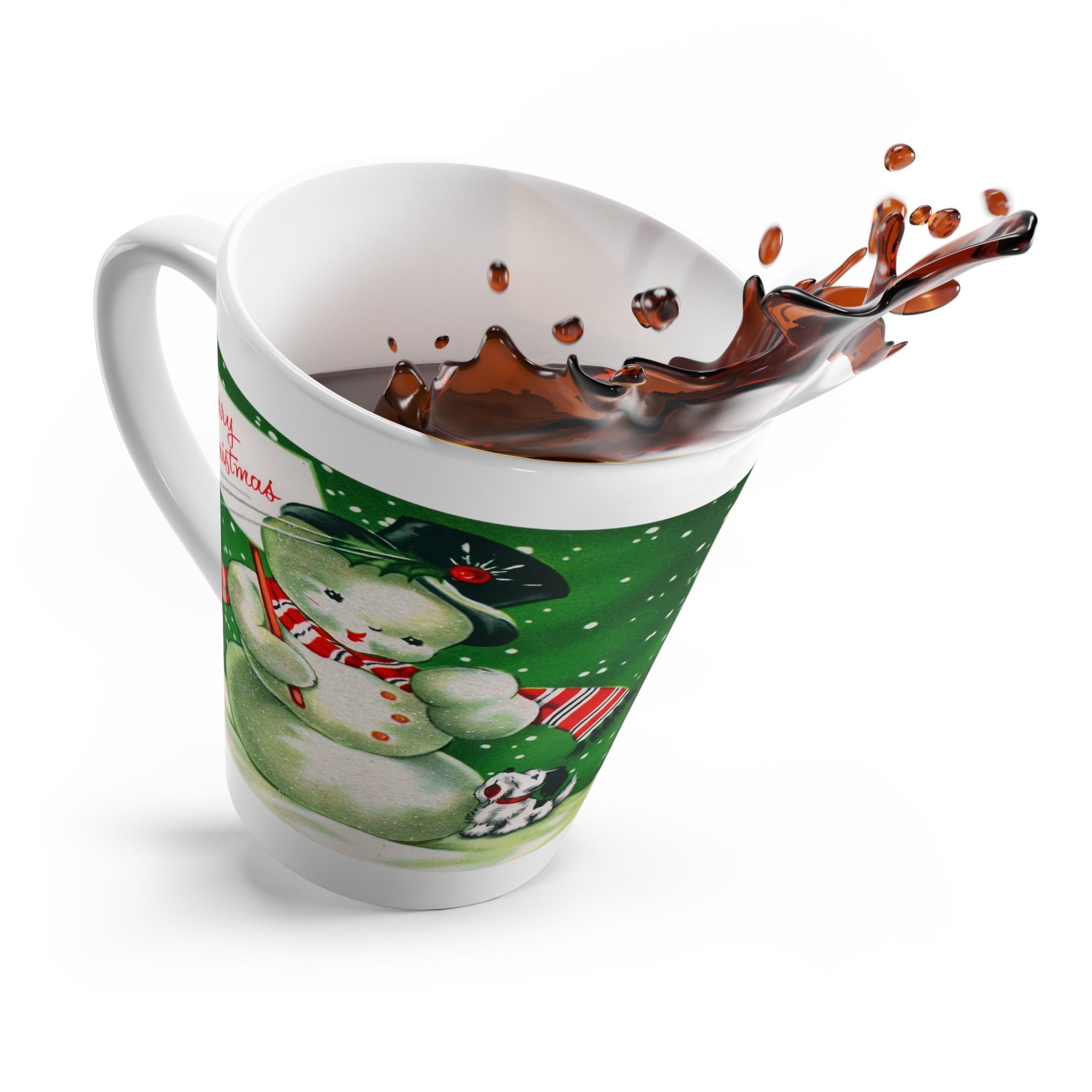 Merry Christmas Snowman With Bird Mid Century Retro Christmas Print Latte Mug