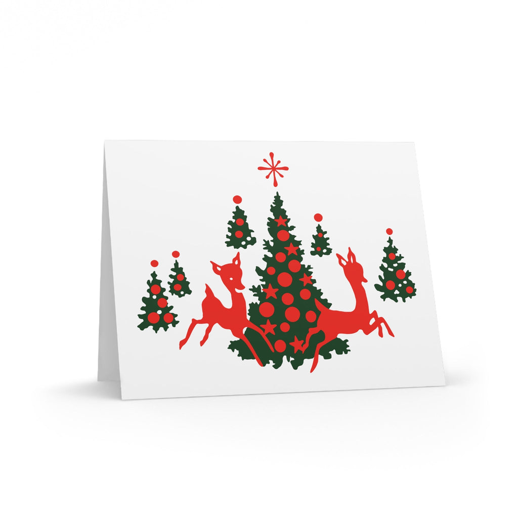 Red Reindeer Christmas Trees Mid Century Retro Christmas Print Matte Greeting Cards (8, 16, and 24 pcs)