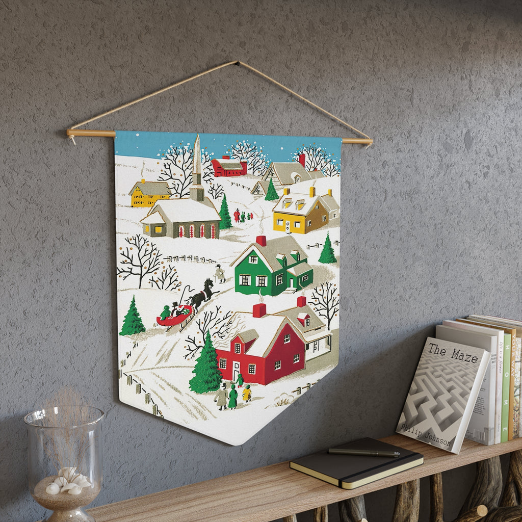 Winter Village Town Retro Christmas Print Wall Hanging Banner Flag