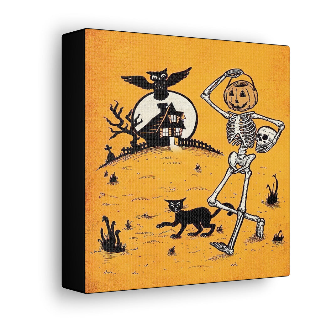 Skeleton Jack O Lantern Black Cat Owls Retro Halloween Vintage Art Canvas Gallery Wrap