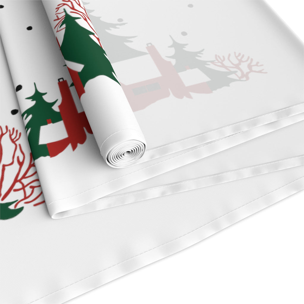 Cozy Christmas Home In Snow Mid Century Retro Christmas Print Home Decor Cotton Poly Table Runner