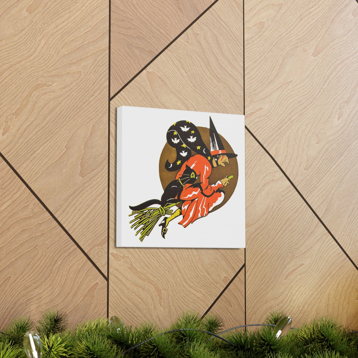 Gold Moon Witch Black Cat Retro Halloween Decor Print Canvas Gallery Wrap