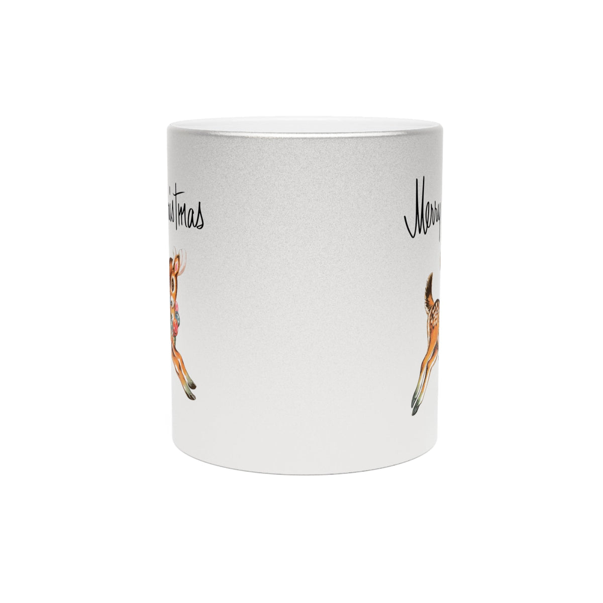 Merry Christmas Mid Century Retro Reindeer Print Silver Metallic Mug