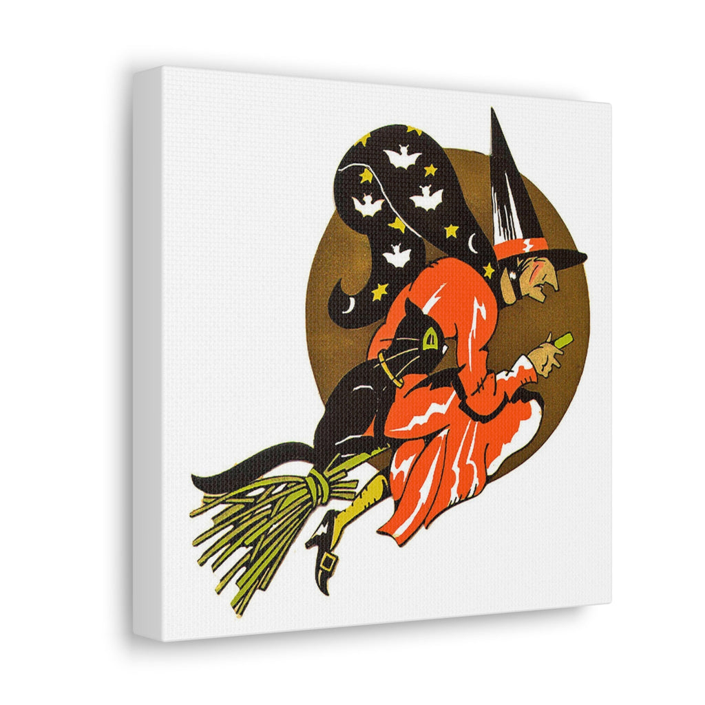 Gold Moon Witch Black Cat Retro Halloween Decor Print Canvas Gallery Wrap