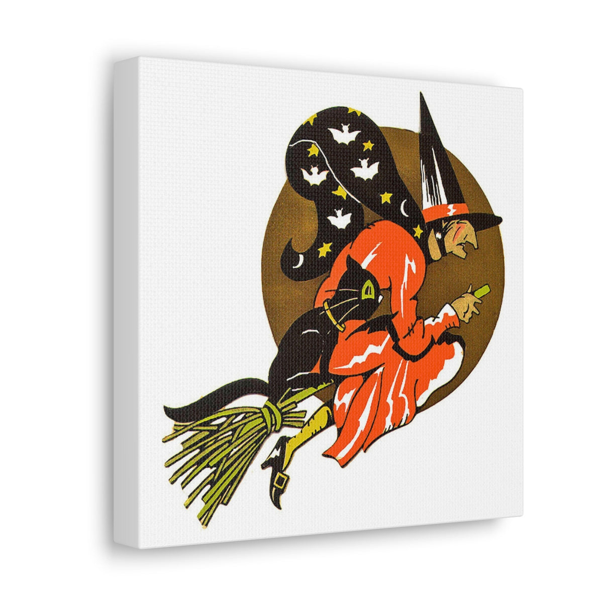Gold Moon Witch Black Cat Retro Halloween Decor Print Canvas Gallery Wrap