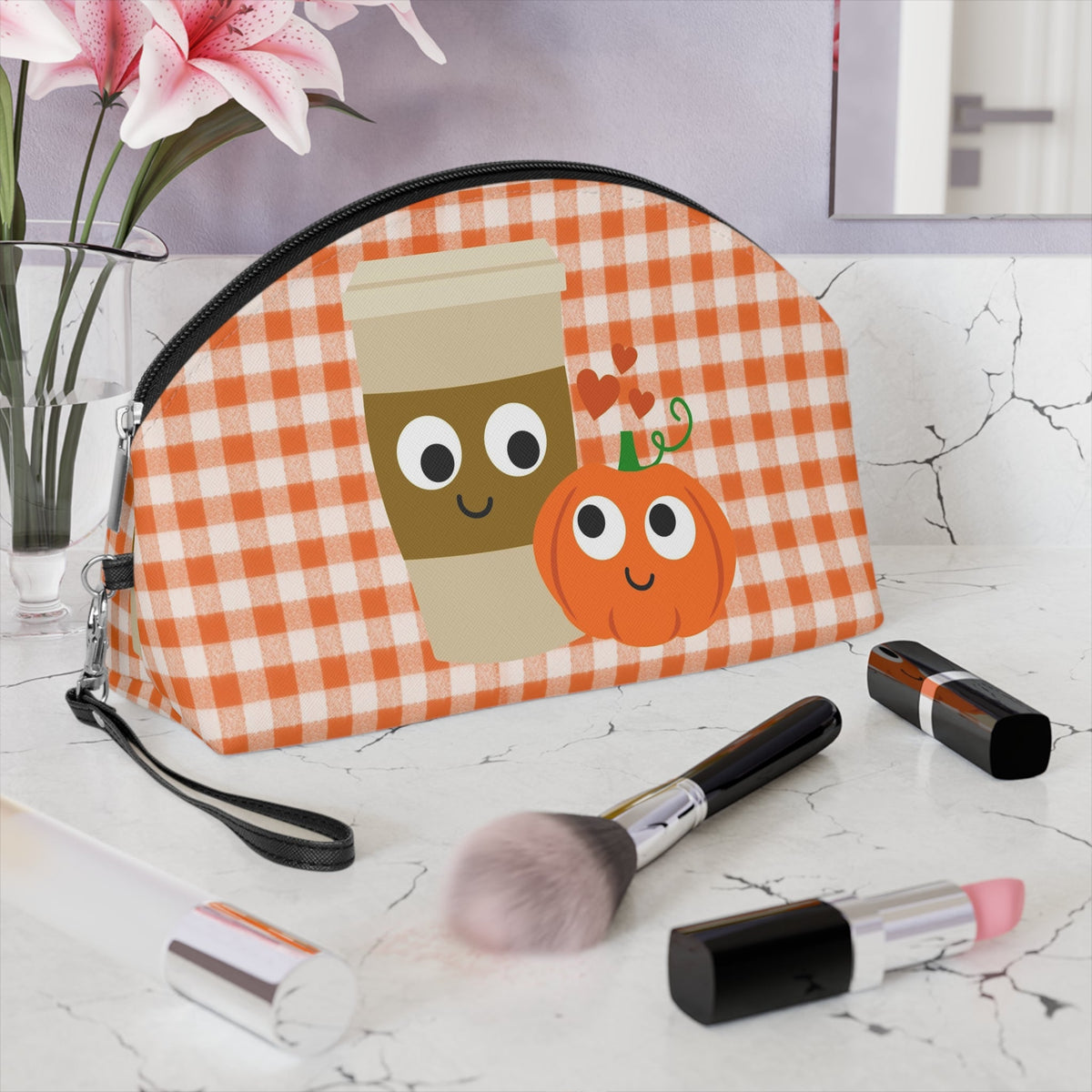 Pumpkin Spice Love Fall Autumn Travel Cosmetic Makeup Bag