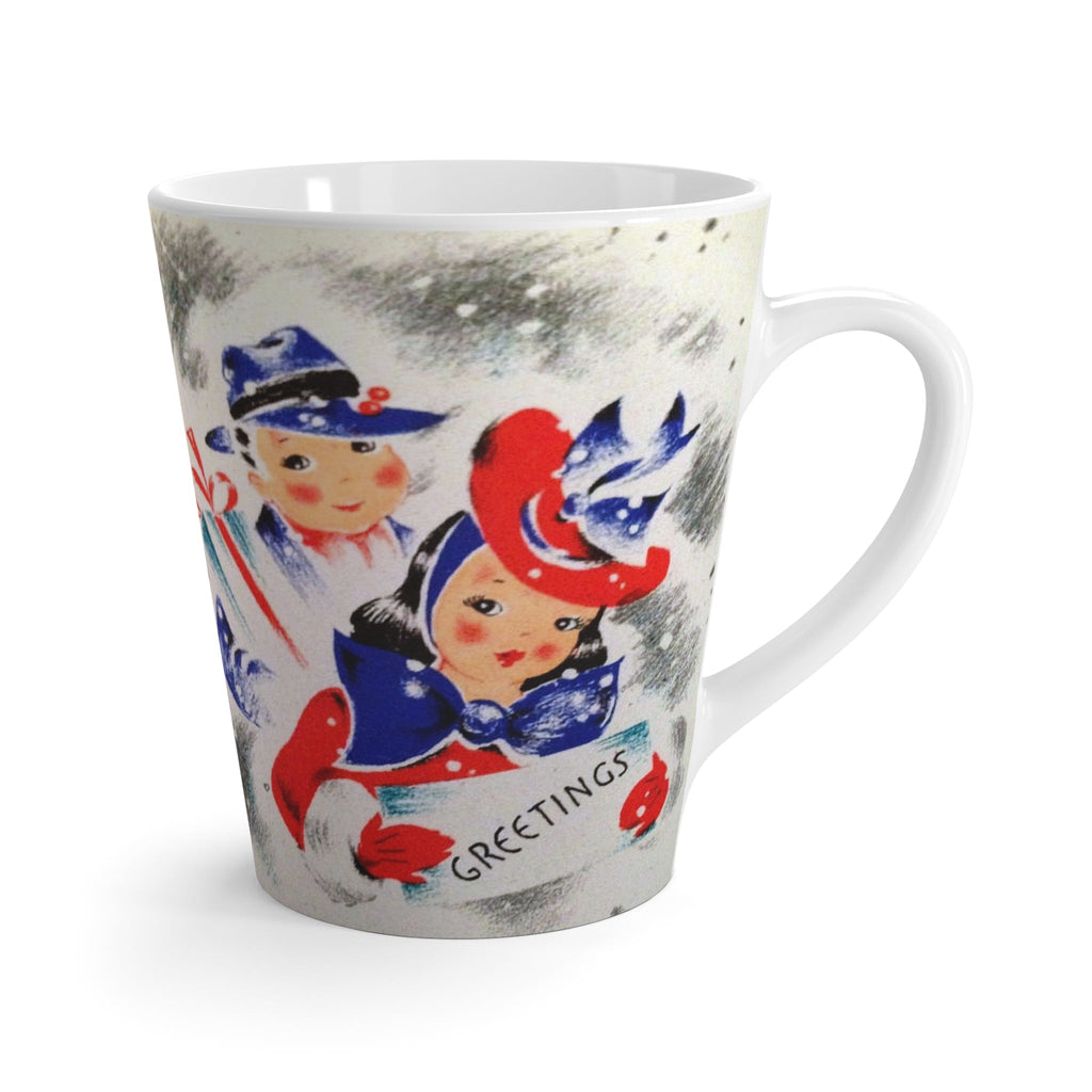 Greetings Christmas Couple With Presents Mid Century Retro Christmas Print Latte Coffee Mug