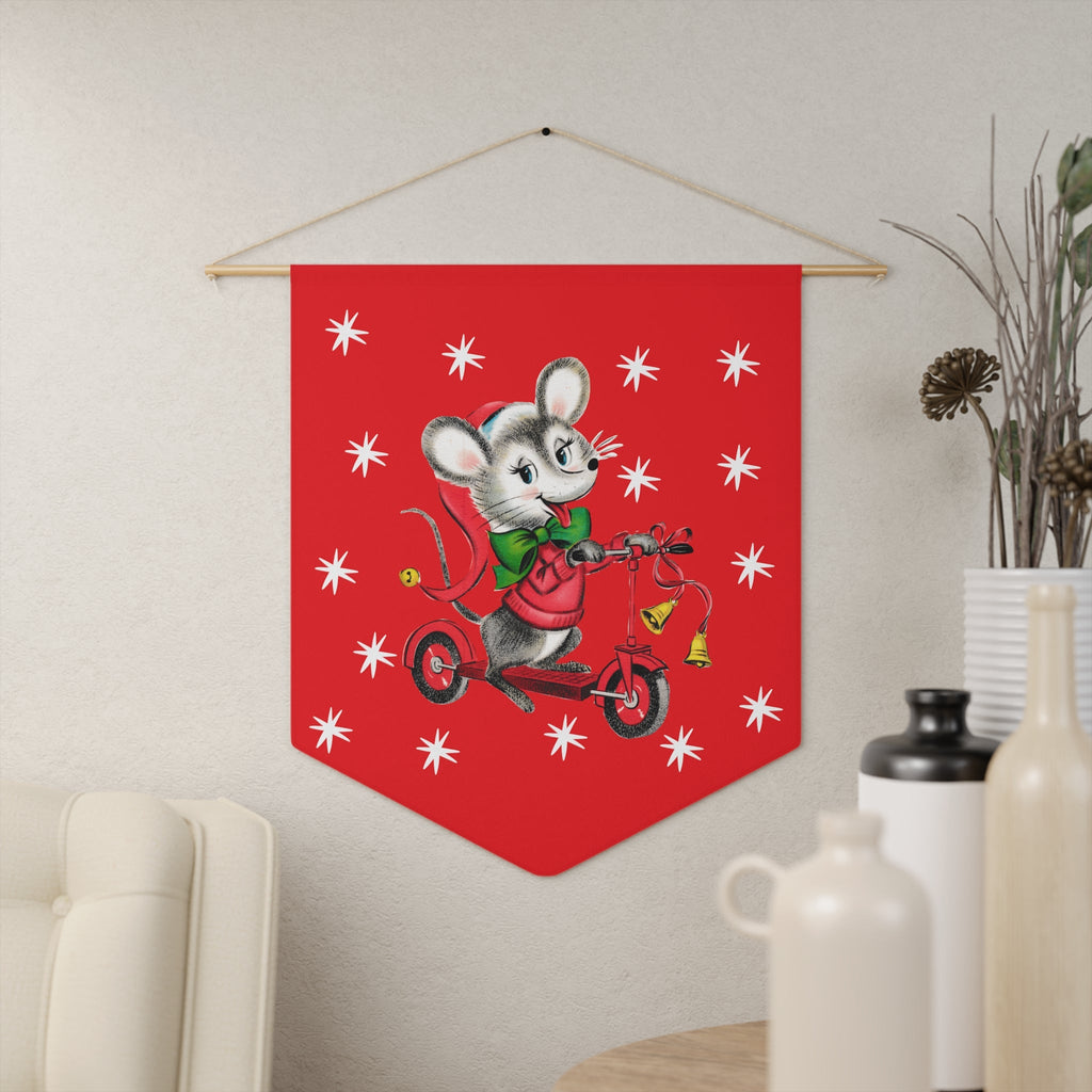 Christmas Mouse On Scooter Stars Red Retro Mid Century Christmas Print Style Decor Print Wall Hanging Banner Flag