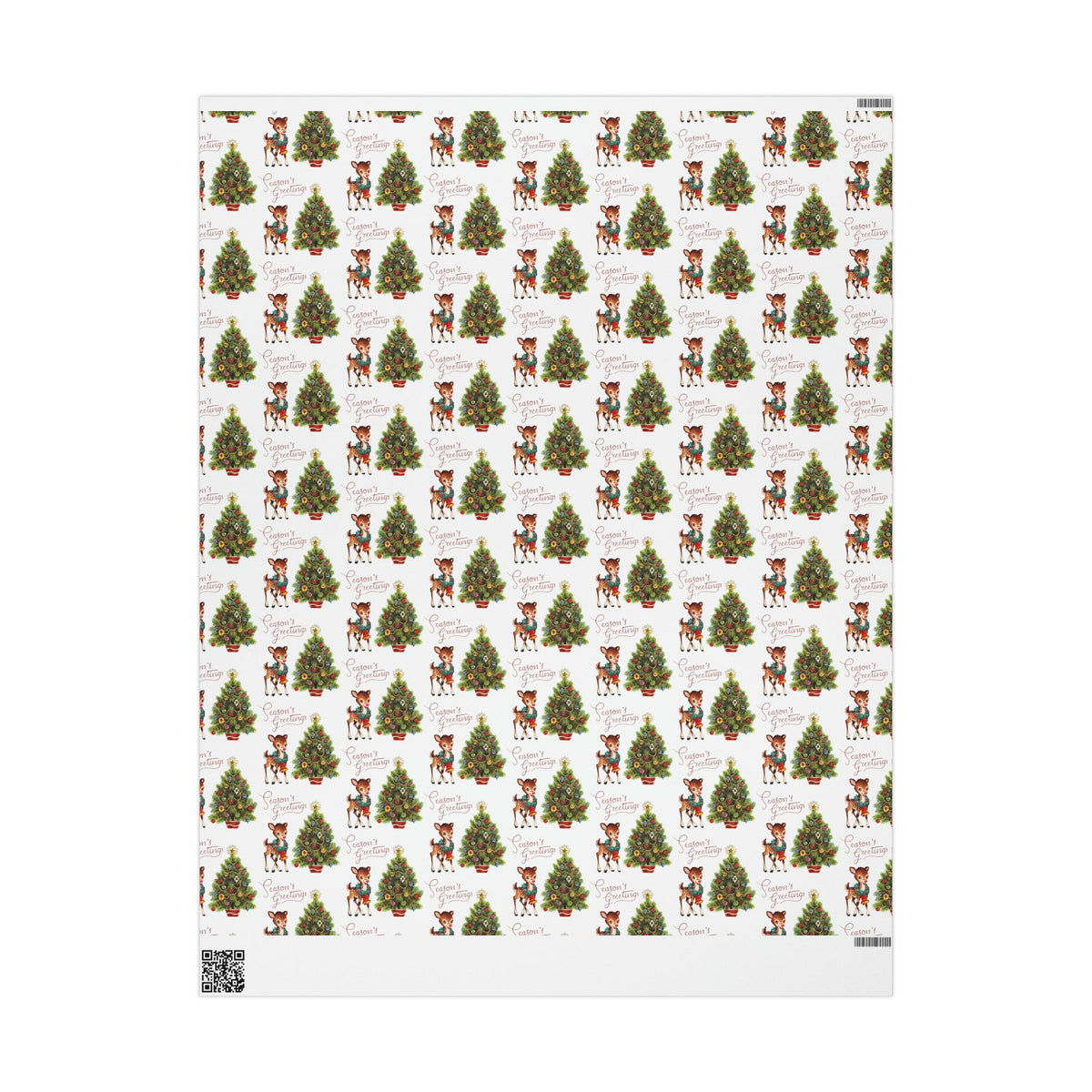Season's Greetings Reindeer With Wreath And Christmas Tree Mid Century Retro Christmas Print Holiday Gift Wrap Paper - Glossy Or Matte