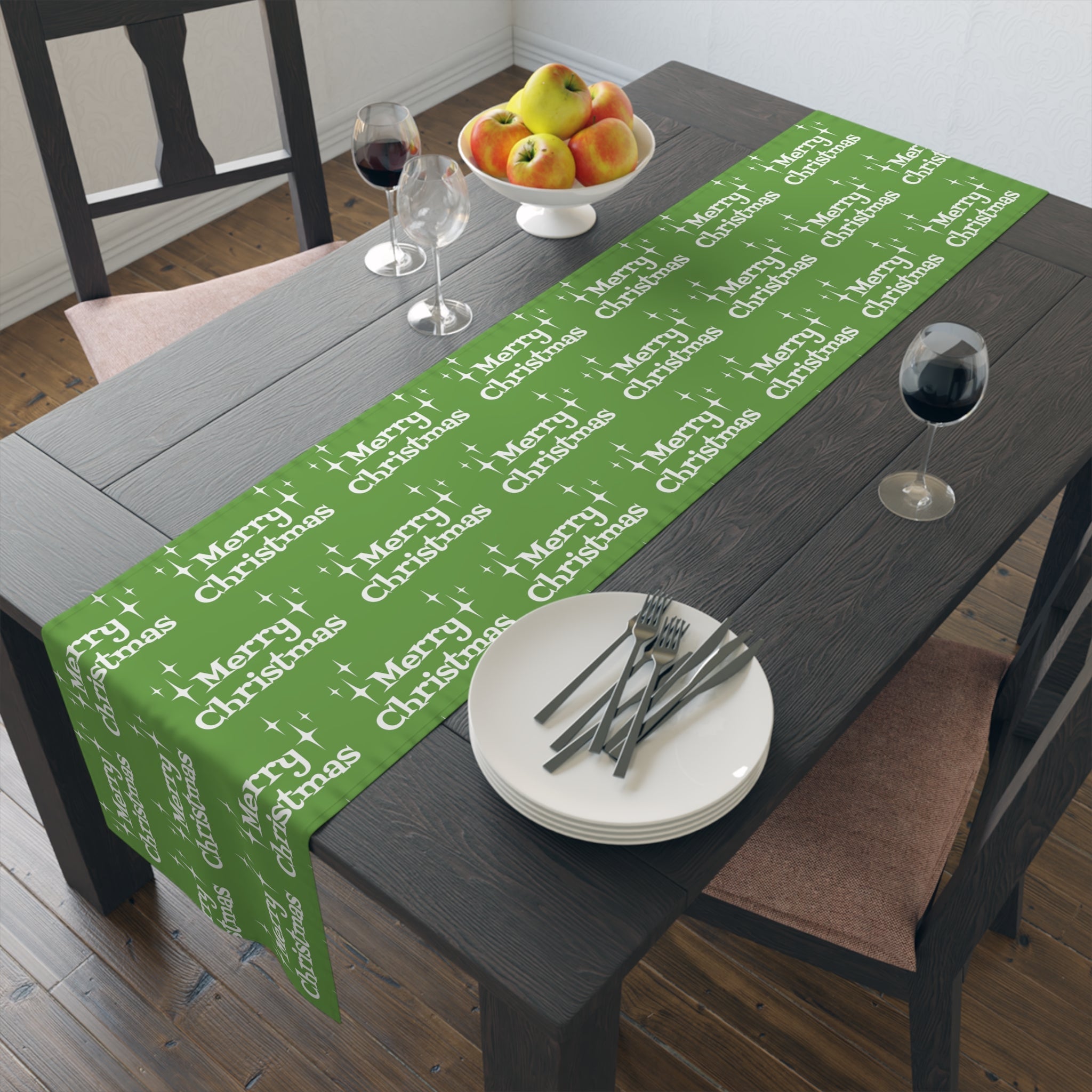 Merry Christmas Starburst Atomic Mid Century Retro Style Christmas Decor Green Cotton Poly Table Runner