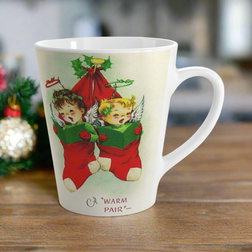 A Warm Pair Christmas Angels In Stocking Retro Christmas Print Latte Coffee Mug