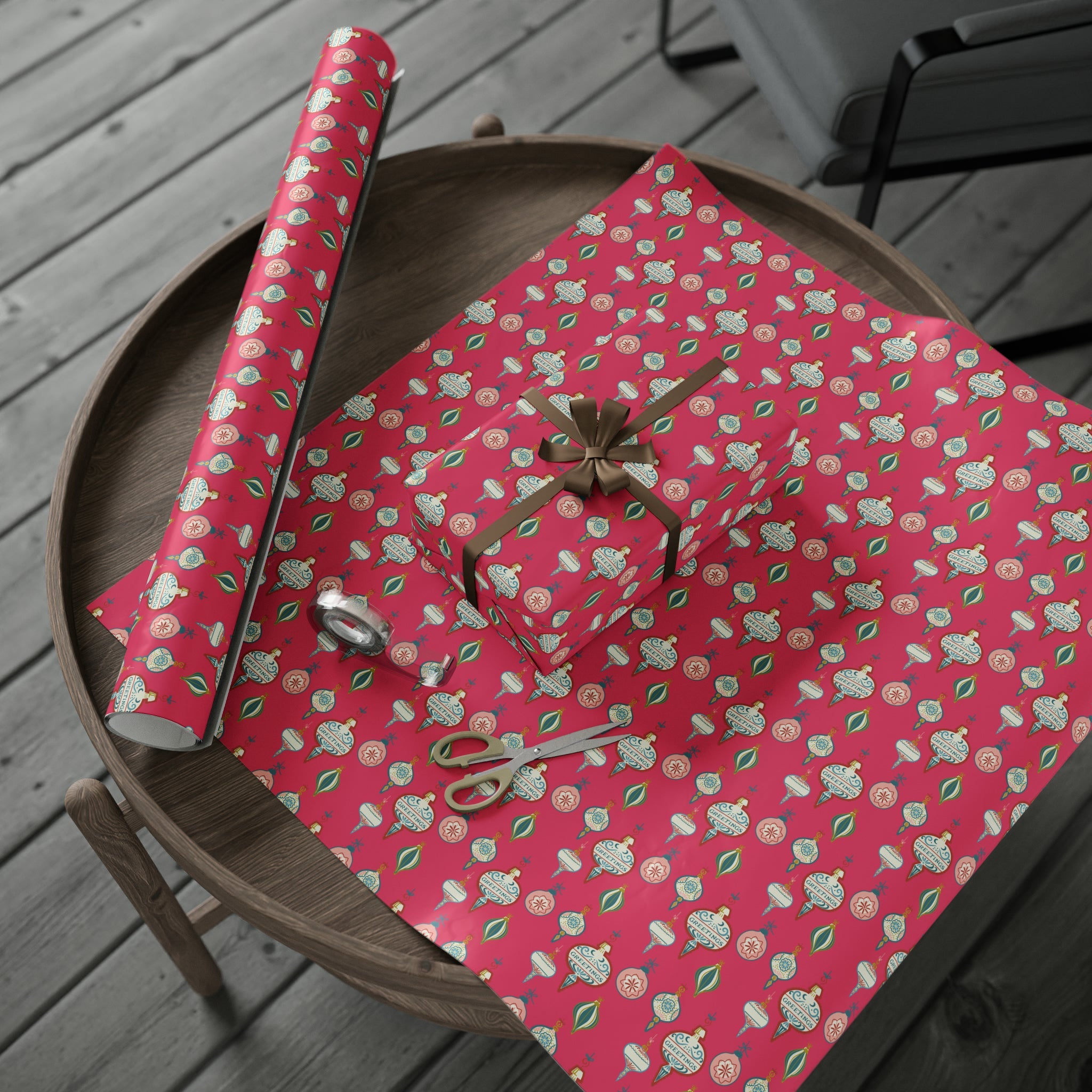 Greetings Christmas Ornaments Pink Retro Style Christmas Holiday Gift Wrap Paper - Glossy Or Matte