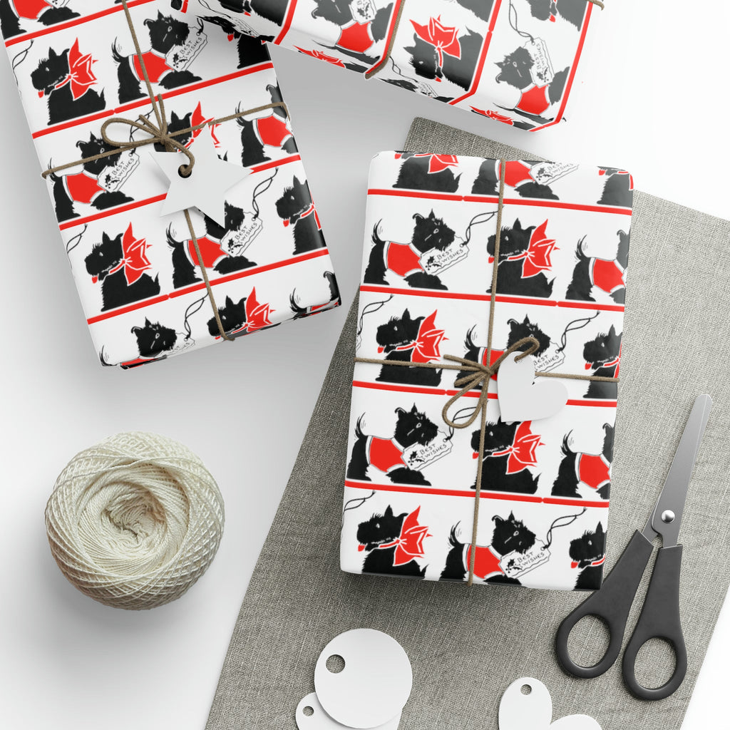 Best Wishes Christmas Scotties Mid Century Retro Christmas Print Holiday Gift Wrap Paper - Glossy Or Matte