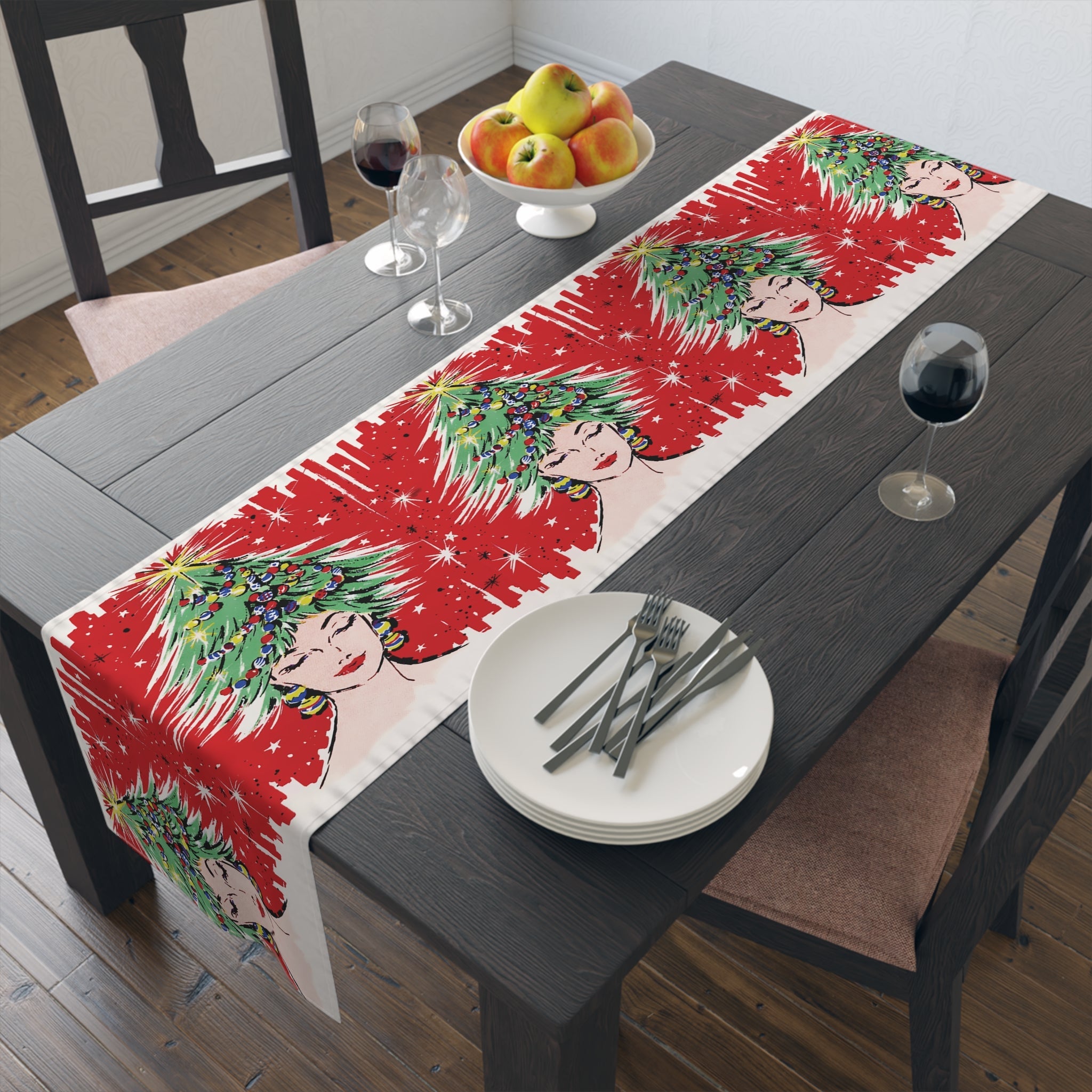 Christmas Tree Hat Lady 50s Mid Century Retro Christmas Print Home Decor Cotton Poly Table Runner