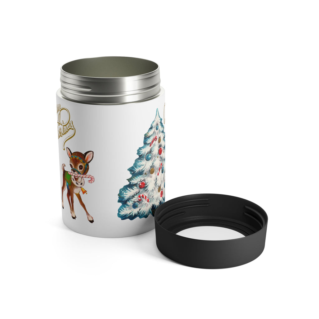 Merry Christmas Reindeer Tree Mid Century Retro Christmas Print Stainless Steel Can Holder