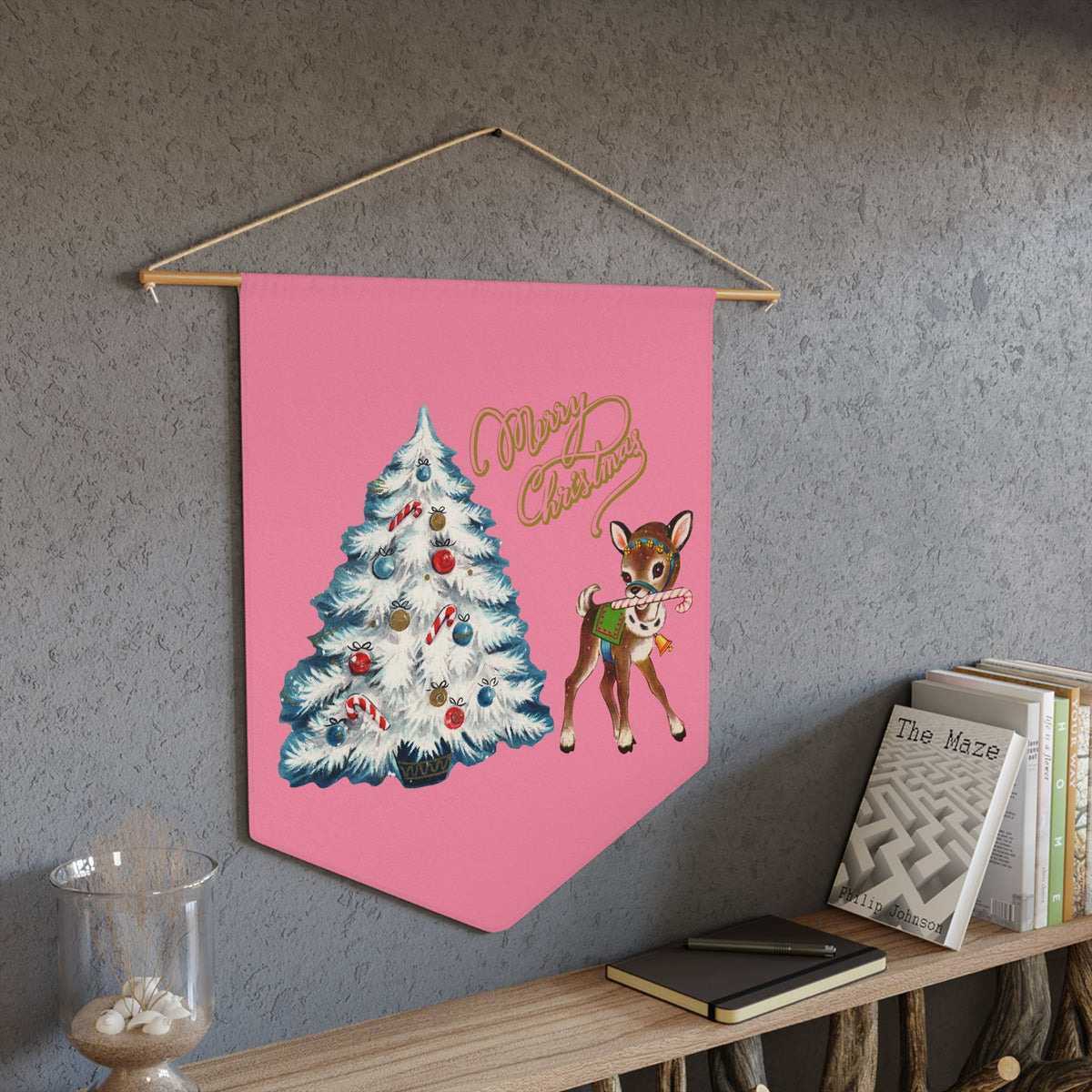 Merry Christmas Reindeer Tree Pink Mid Century Retro Christmas Print Wall Hanging Banner Flag