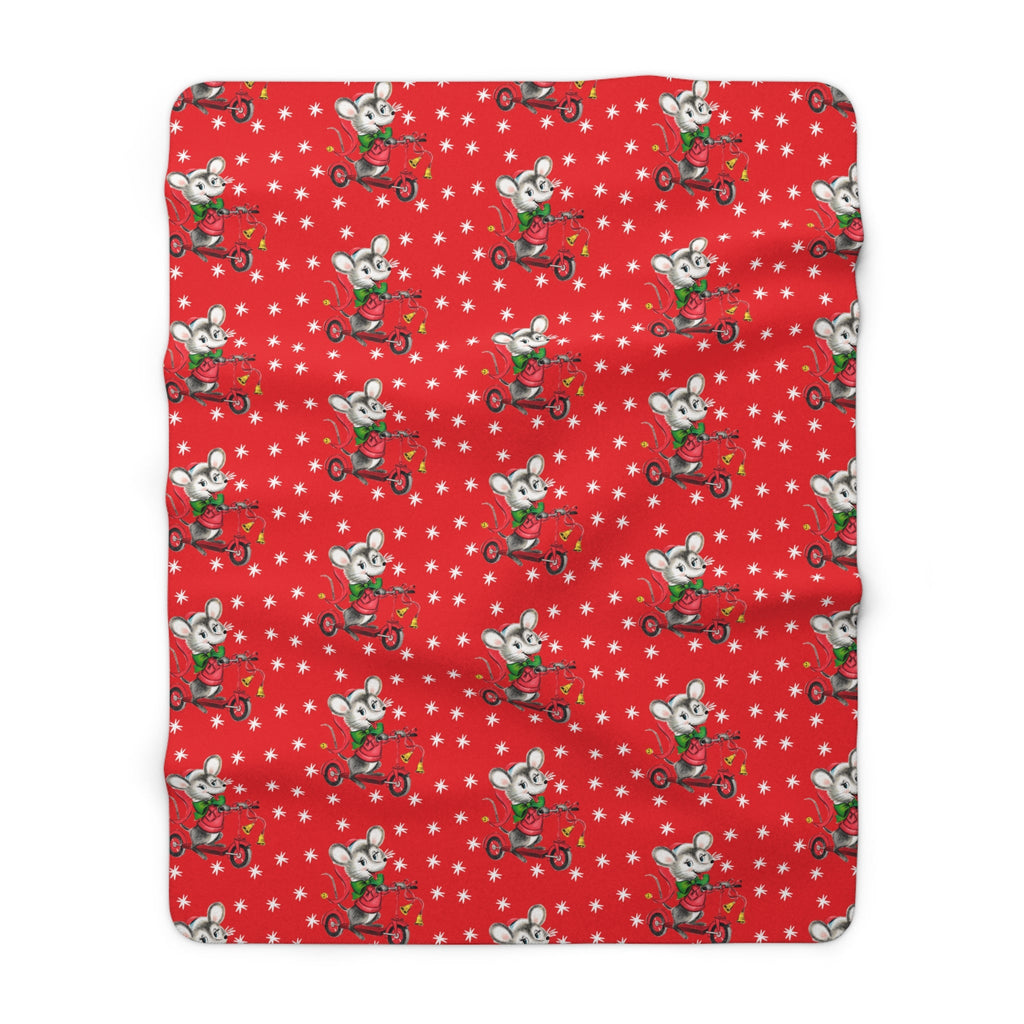 Christmas Mouse On Scooter Stars Red Mid Century Retro Style Christmas Sherpa Fleece Blanket