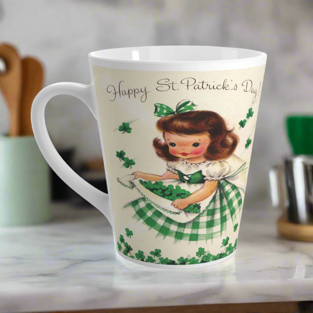 Happy St. Patrick's Day Girl Gathering Shamrocks Retro Latte Coffee Mug