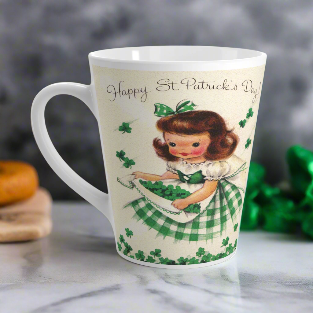 Happy St. Patrick's Day Girl Gathering Shamrocks Retro Latte Coffee Mug