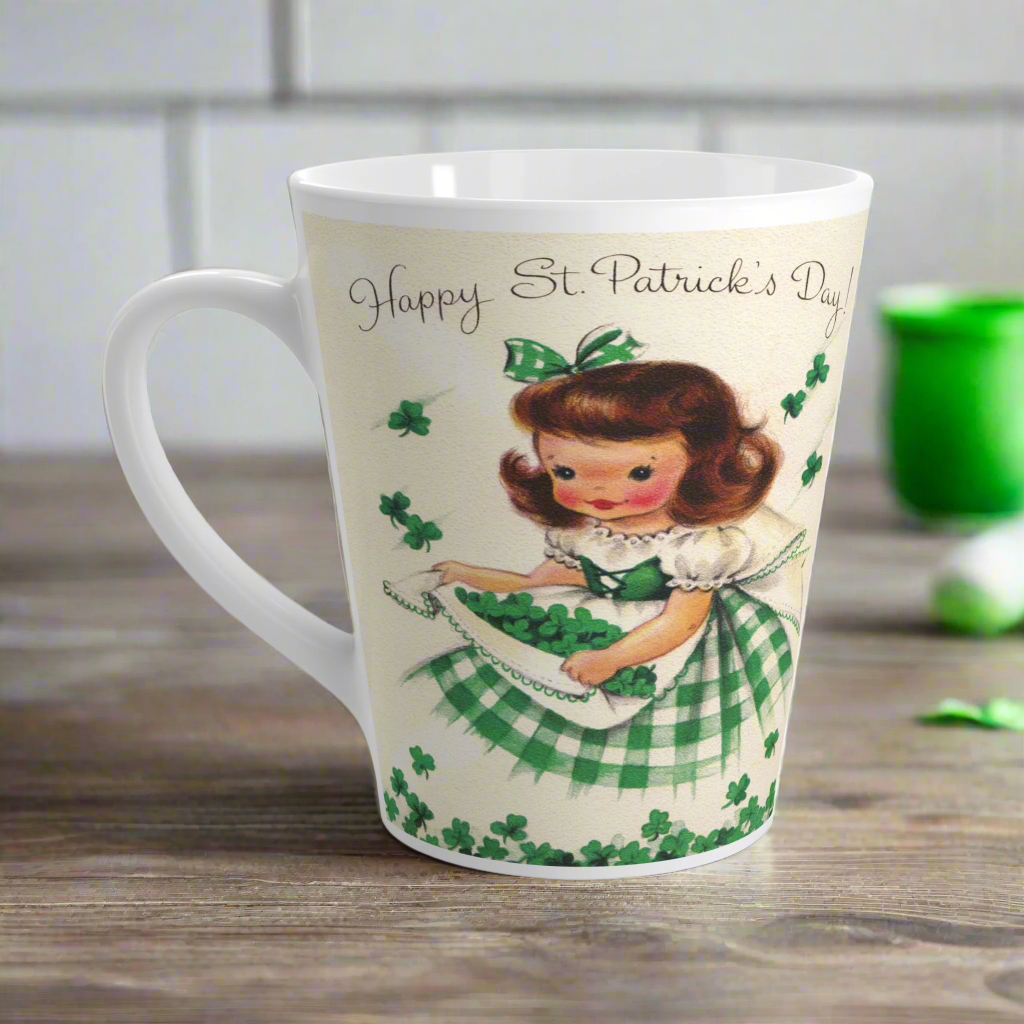 Happy St. Patrick's Day Girl Gathering Shamrocks Retro Latte Coffee Mug
