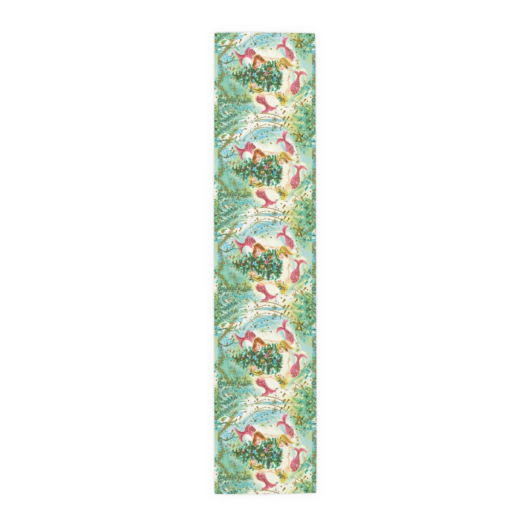 Mermaids Under The Sea Around The Christmas Tree Retro Polyester Table Runner