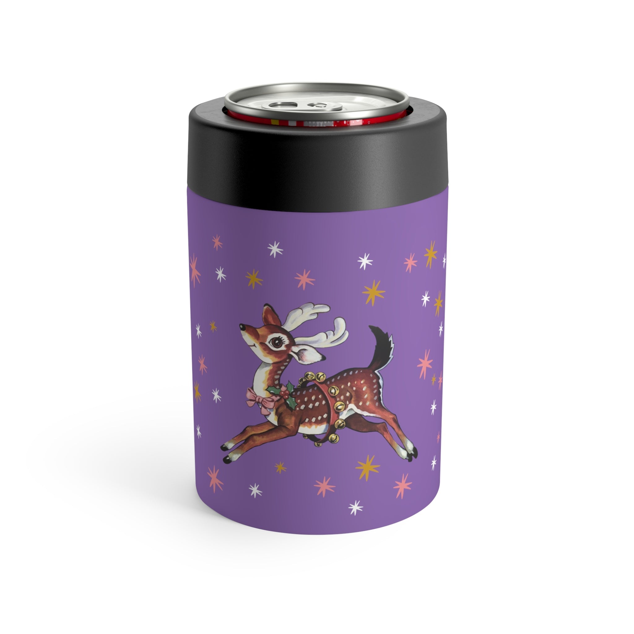 Reindeer Stars Mid Century Purple Retro Christmas Print Stainless Steel Can Holder