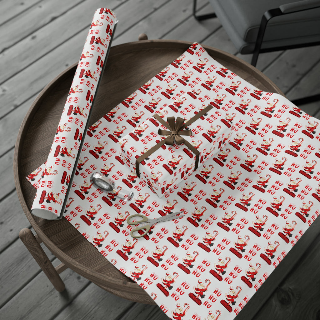Ho Ho Ho Santa Sliding Down Candy Cane Chimney Mid Century Retro Style Holiday Gift Wrap Paper - Glossy Or Matte