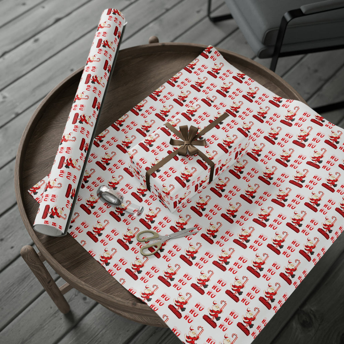 Ho Ho Ho Santa Sliding Down Candy Cane Chimney Mid Century Retro Style Holiday Gift Wrap Paper - Glossy Or Matte