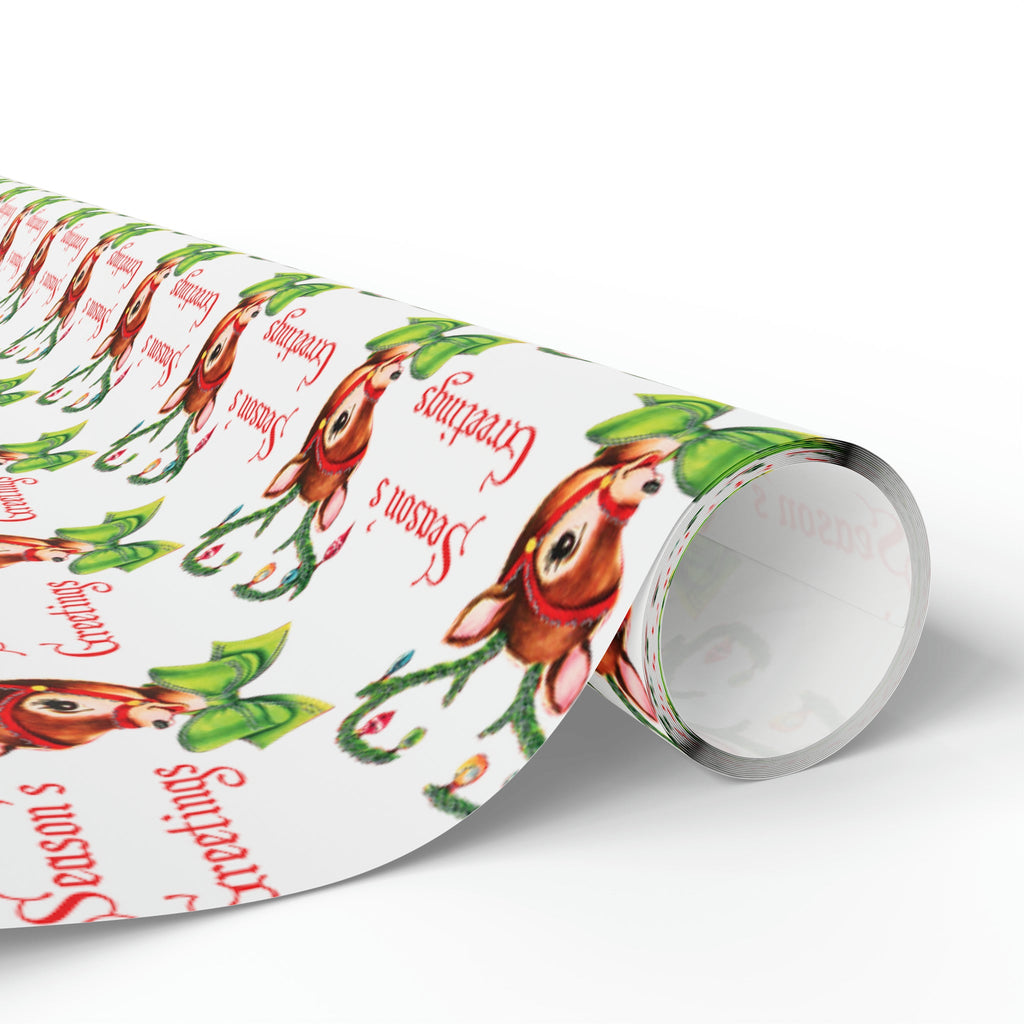Season's Greetings Reindeer Mid Century Retro Christmas Print Holiday Gift Wrap Paper - Glossy Or Matte