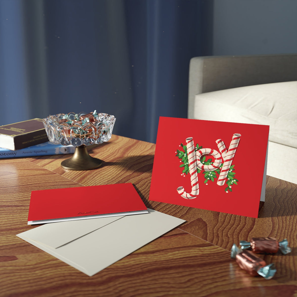 Joy Candy Canes Mid Century Retro Christmas Print Matte Greeting Cards (8, 16, and 24 pcs)