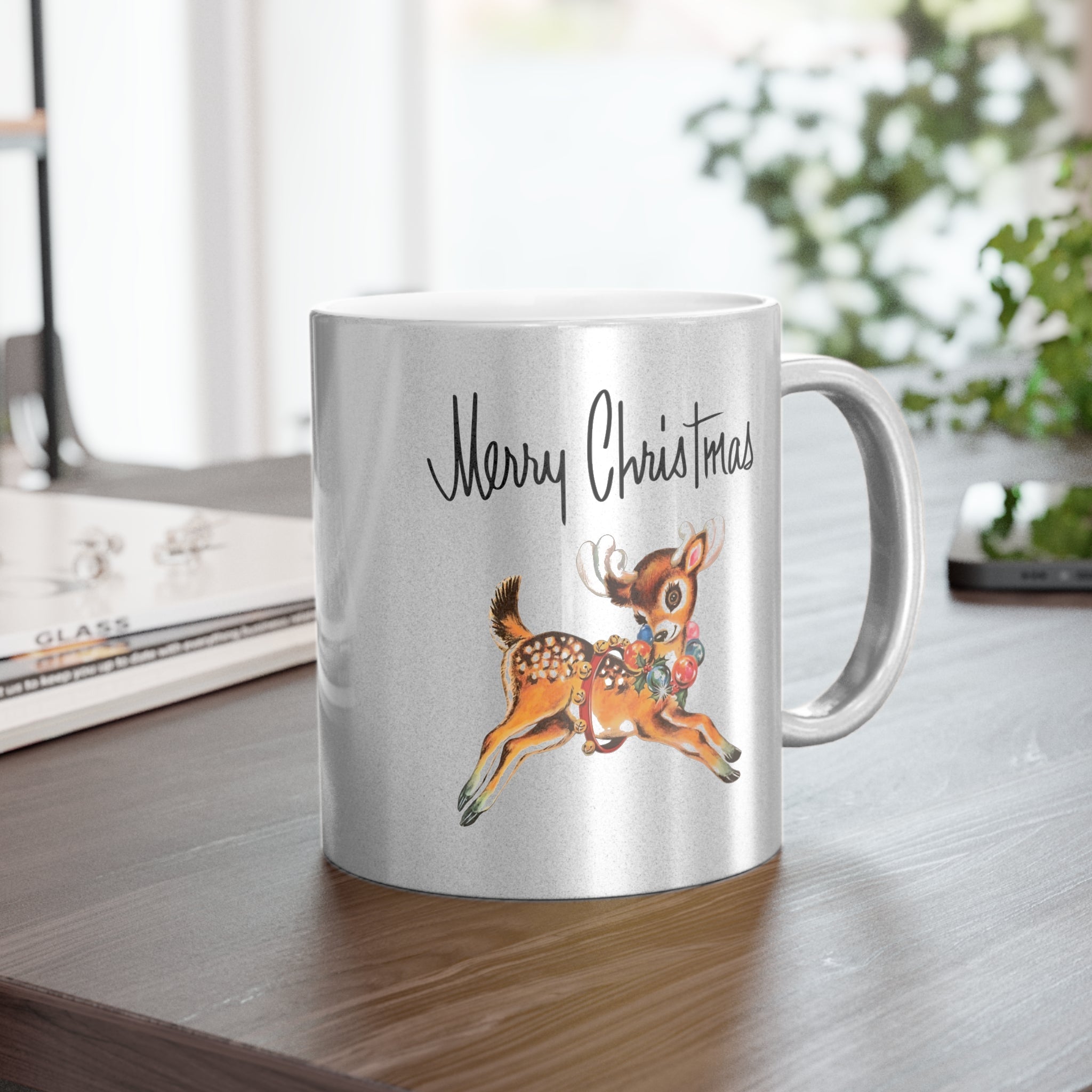 Merry Christmas Mid Century Retro Reindeer Print Silver Metallic Mug