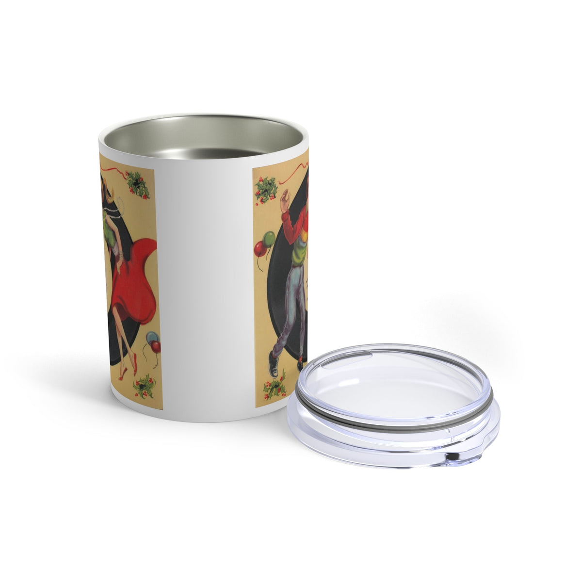 Merry Christmas Couple Kissing Under Mistletoe Record Retro Christmas Print Stainless Steel Tumbler 10oz