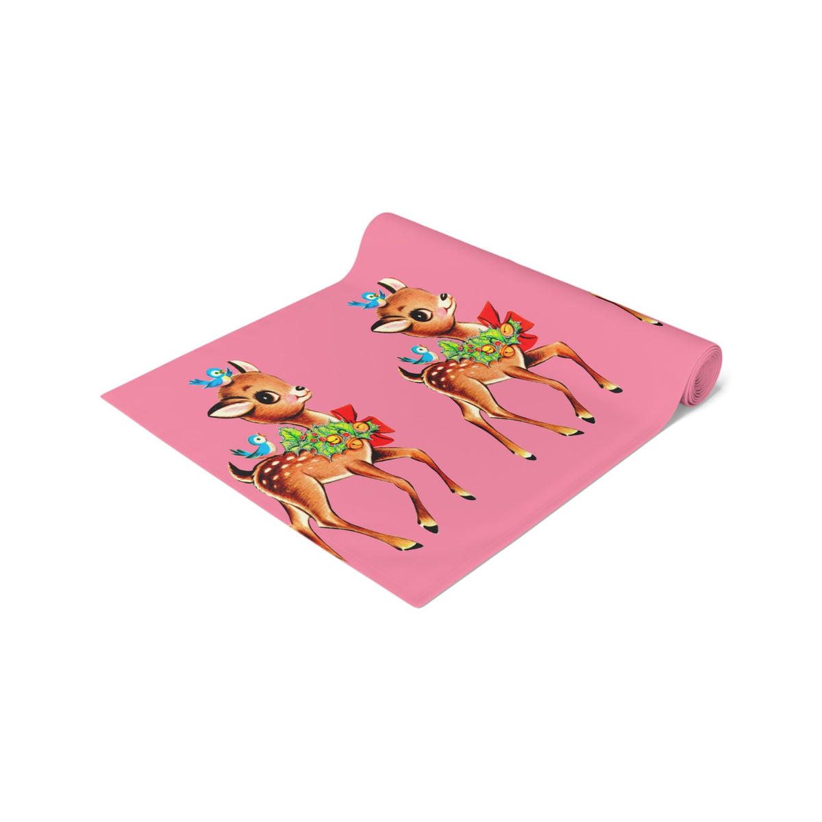 Reindeer With Bluebirds Retro Christmas Pink Polyester Table Runner