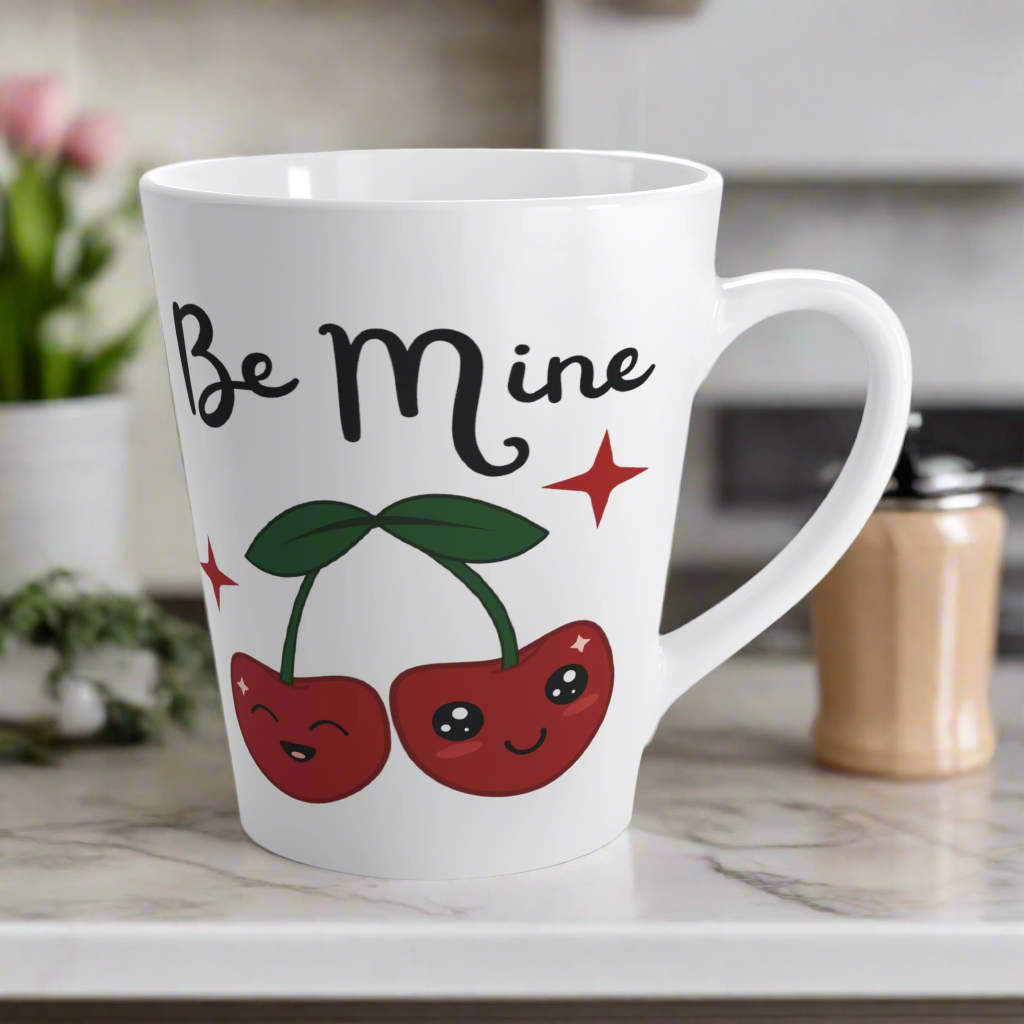 Be Mine Valentine's Day Pair Of Cherries Retro Style Ceramic Latte Coffee Mug