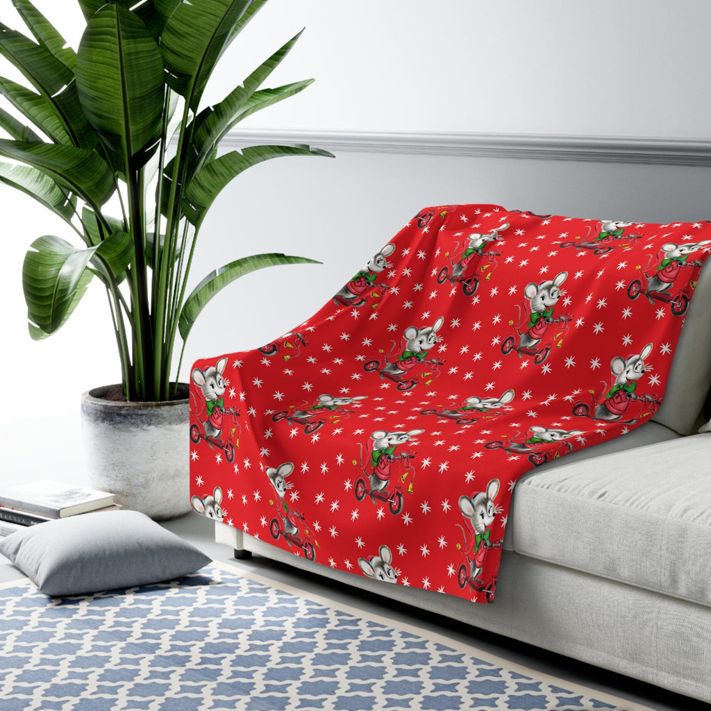 Christmas Mouse On Scooter Stars Red Mid Century Retro Style Christmas Sherpa Fleece Blanket