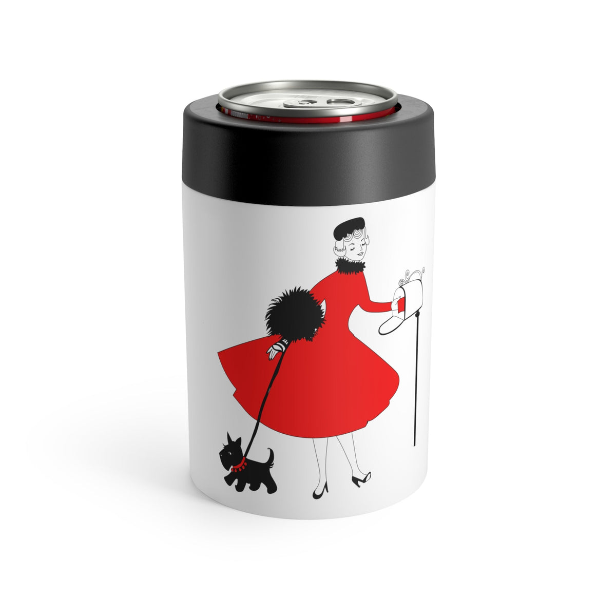 Christmas Lady With Black Scottie Dog At Mailbox Mid Century Retro Christmas Print Stainless Steel Can Holder