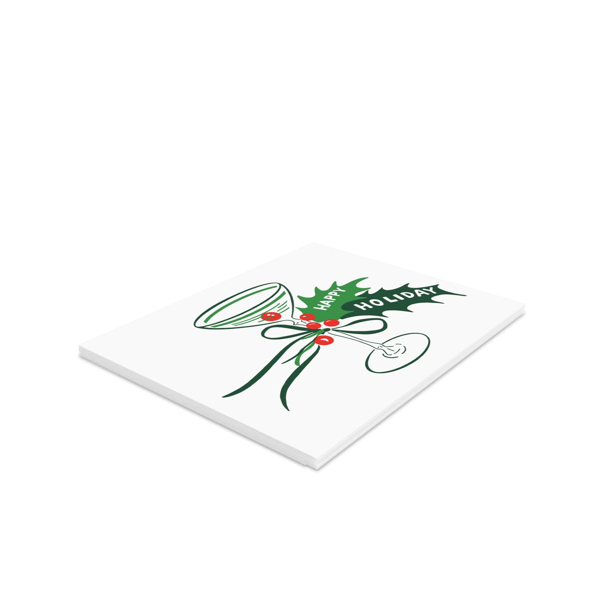 Happy Holiday Champagne Glass Holly Mid Century Retro Christmas Print Matte Greeting Cards (8, 16, and 24 pcs)