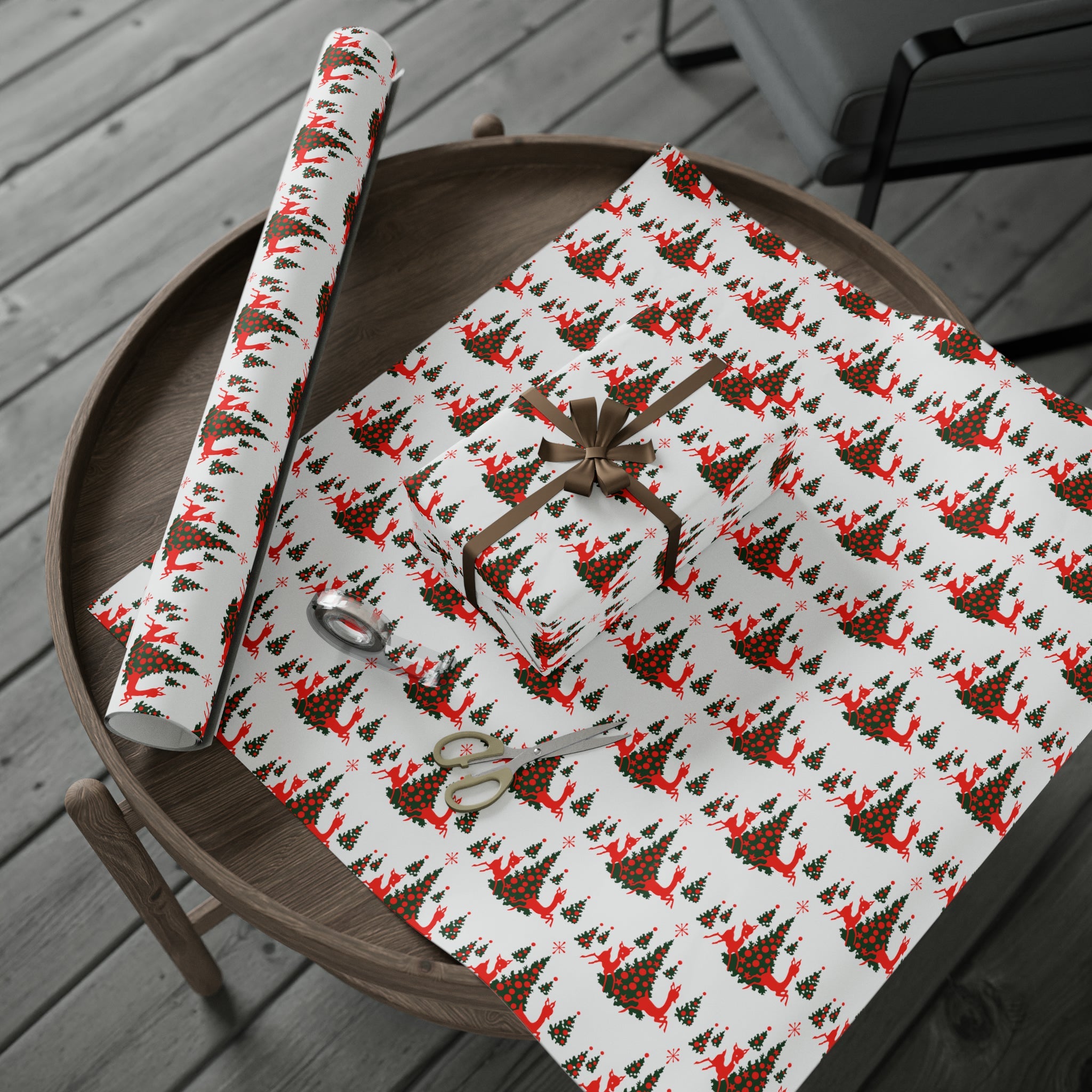 Red Reindeer Christmas Trees Mid Century Retro Christmas Print Holiday Gift Wrap Paper - Glossy Or Matte