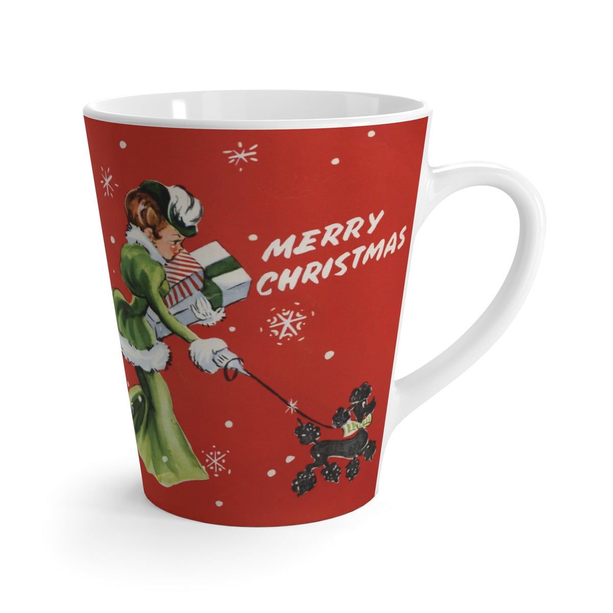 Merry Christmas Lady With Poodle Retro Christmas Print Latte Coffee Mug