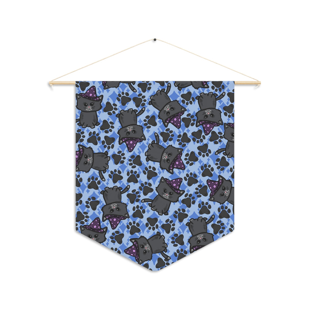 Witchy Kitties Blue Halloween Decor Print Wall Hanging Banner Flag