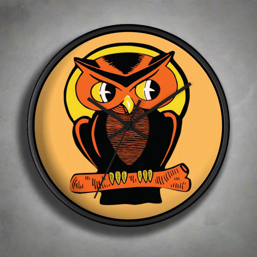 Orange Owl Yellow Moon Retro Halloween Fall Black Wooden Wall Clock