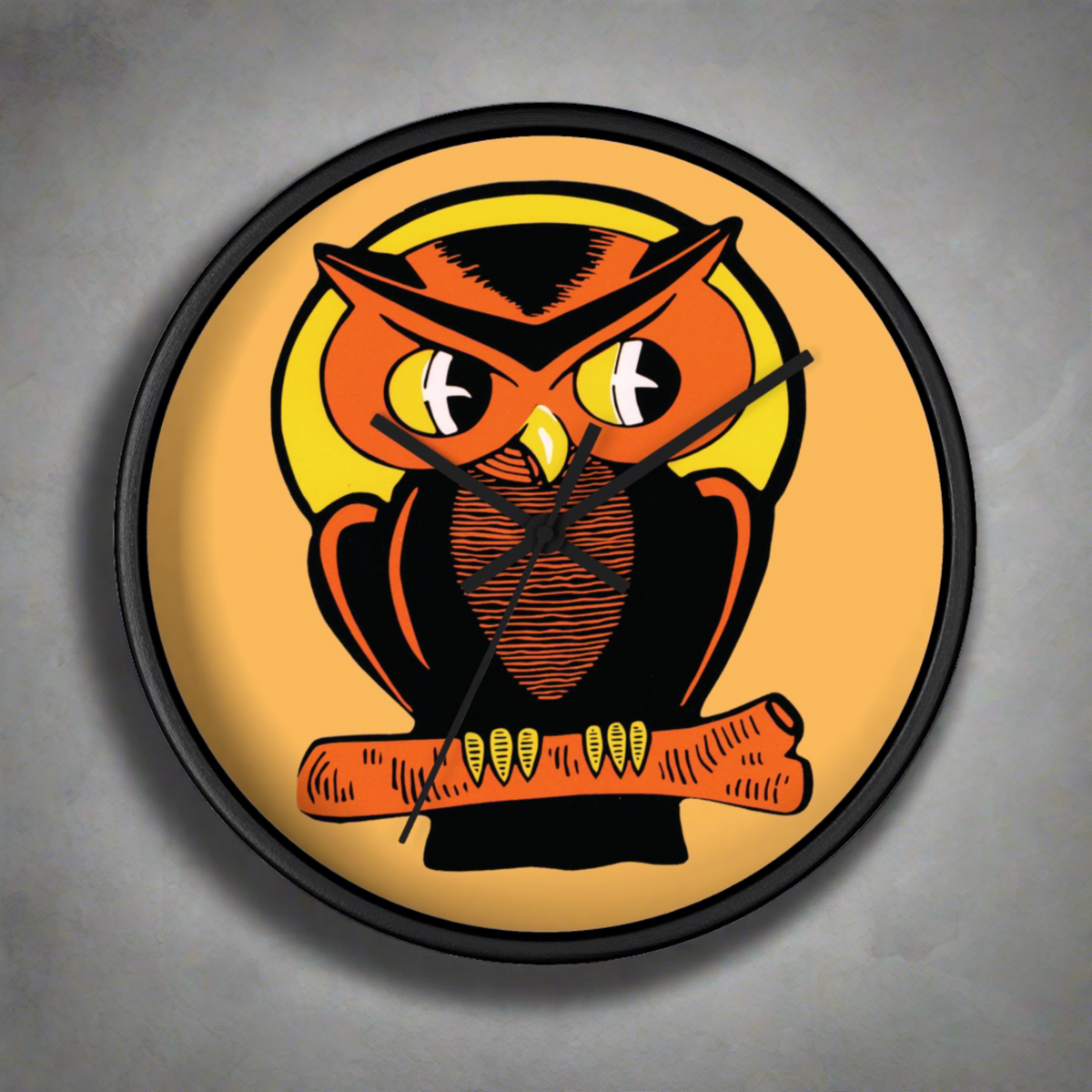 Orange Owl Yellow Moon Retro Halloween Fall Black Wooden Wall Clock