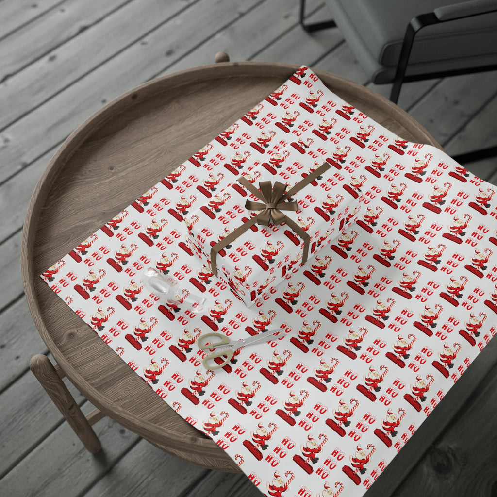 Ho Ho Ho Santa Sliding Down Candy Cane Chimney Mid Century Retro Style Holiday Gift Wrap Paper - Glossy Or Matte