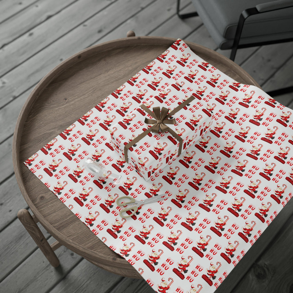 Ho Ho Ho Santa Sliding Down Candy Cane Chimney Mid Century Retro Style Holiday Gift Wrap Paper - Glossy Or Matte